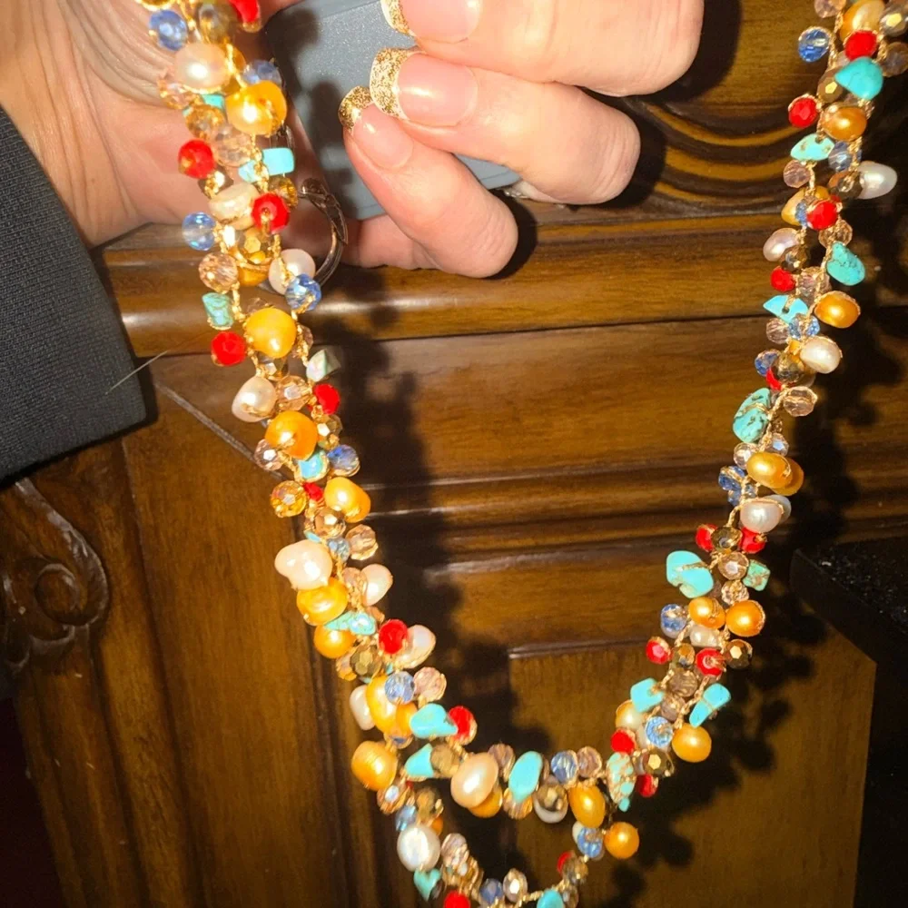 Vintage Real pearl turquoise Jasper and other stones in 925 Beaded Necklace